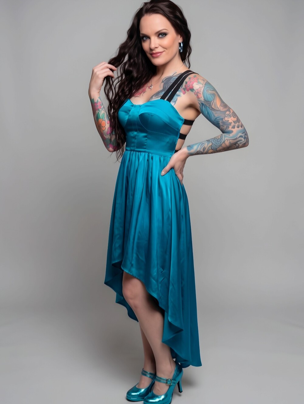 GUESS ✦ High‑Low Party Dress ✦ Silky Blue Black Strappy Open Back Lined Y2K 2